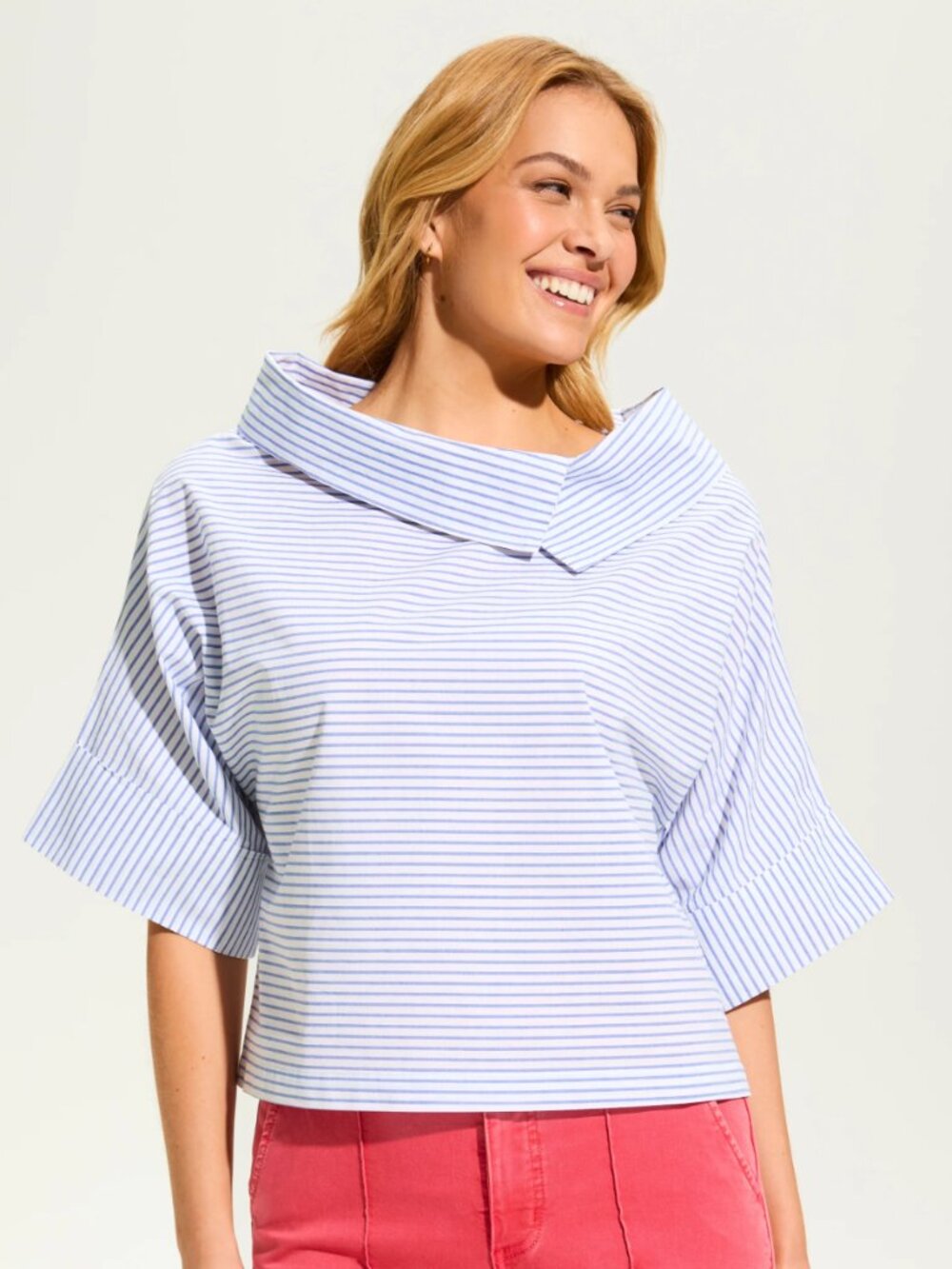 FDJ French Dressing Jeans Crossover Neck Popover Top Blue White Stripe Sz Large